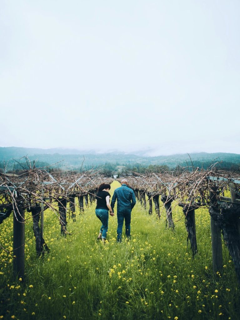 Couple walking through vineyard